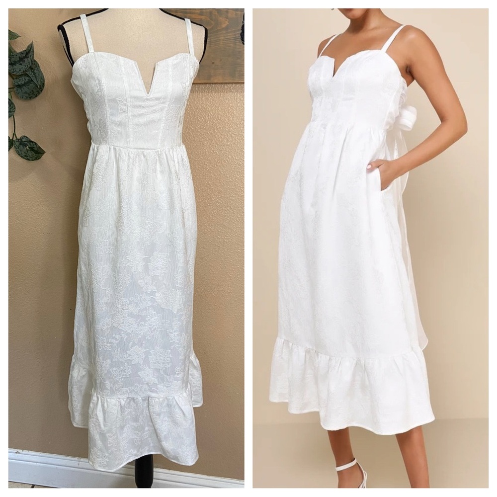 NWOT Lulus Major Perfection White Floral Jacquard Midi Dress with Pockets